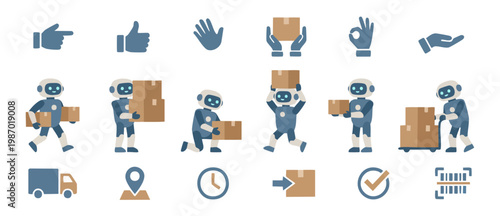 Robot delivery service icons set, logistics automation character carrying cardboard boxes, shipping parcels, warehouse storage, tracking, cargo transport, supply chain management, flat vector illustra