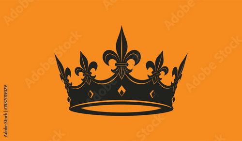 A black crown with fleur de lis on an orange background