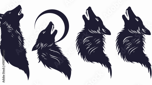 Four silhouettes of howling animals in a row, with a full moon behind one