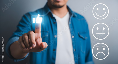 Man giving thumbs up with satisfaction icons on the side