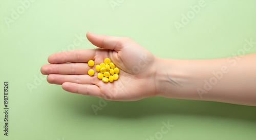 Hand holding a handful of yellow pills on a green background