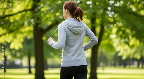 Woman in a light grey hoodie jogging in the park with trees in the background