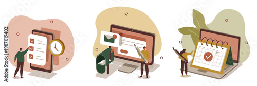 Time management and task planning using digital devices with management planning organizer schedule calendar computer workflow efficiency productivity business illustration application