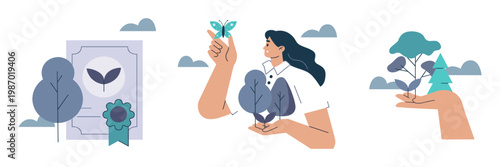 Environmental protection and nature conservation concept with environment conservation protection butterfly sustainability illustration caregiver gardening landscape renewable recycling