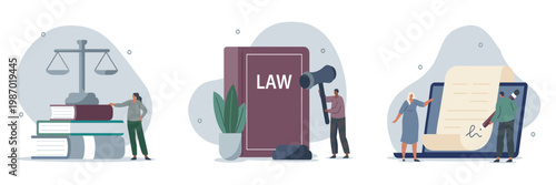 Law and justice concept with scales of justice gavel legal documents document attorney authority judgment constitution contract agreement isometric illustration business handwriting