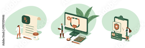 Medical services and healthcare concept with doctor and medical documents healthcare hospital treatment diagnosis prescription insurance isometric illustration technology computer wellness