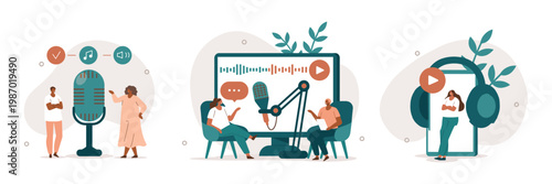 Podcast recording session with microphones and headphones audio production home studio online communication social media microphone recording broadcasting communication listening equipment