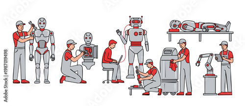 Robot Repair and Engineering Service. Mechanics assembling, maintaining, and programming humanoid robots in an industrial workshop. Technical maintenance, advanced automation concept, professional eng