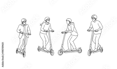 People riding scooters line art vector illustration set isolated on white background