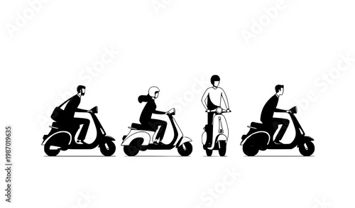Modern scooter riders vector illustration with multiple poses on white background