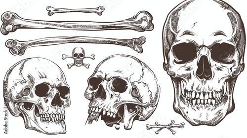 Line art illustration of human skulls and bones, depicting anatomy, death, and mortality