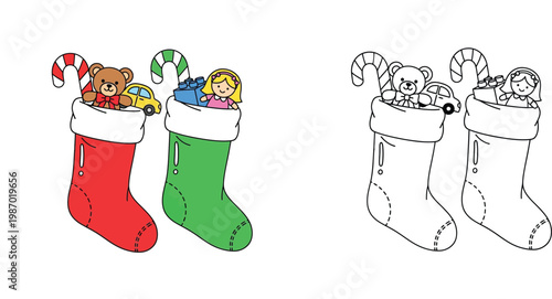 Christmas Stockings with Toys Coloring Page for Kids, Festive Holiday Illustration Vector Set