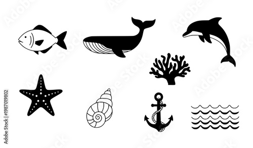 Ocean and marine life vector icon set for nautical and summer design on white background