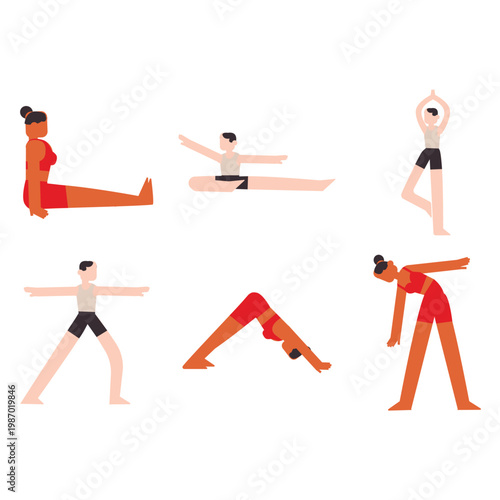 Flat Illustration of Diverse People Performing Various Yoga Poses on White