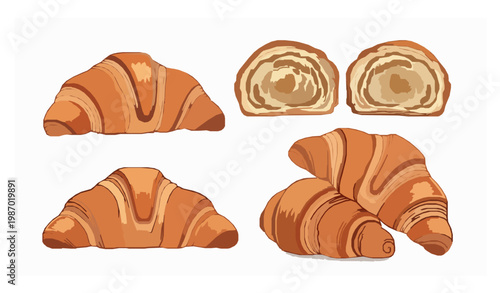 Croissant bakery vector set with detailed texture on white background