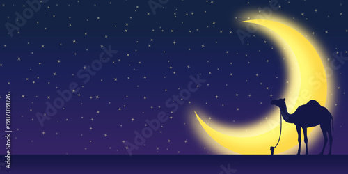 Flat vector illustration of a camel near a glowing crescent moon under a starry night sky, symbolizing Eid al-Adha, sacrifice, desert journey, and spiritual devotion.