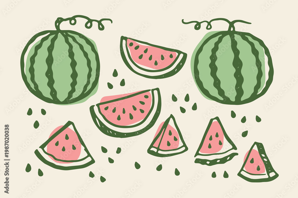 Obraz premium Watermelon set naive doodle vector illustration