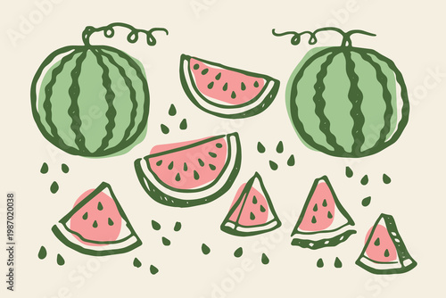 Watermelon set naive doodle vector illustration