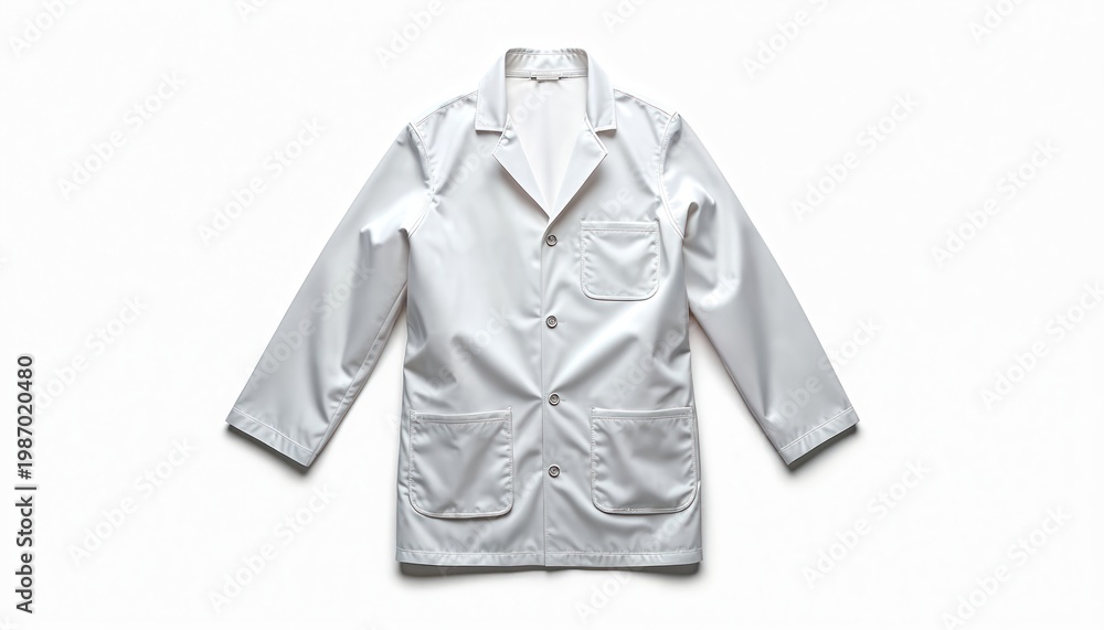 Fototapeta premium A pristine white lab coat lies flat on a clean white background. This professional garment features buttons and pockets. Ideal for medical or science contexts.