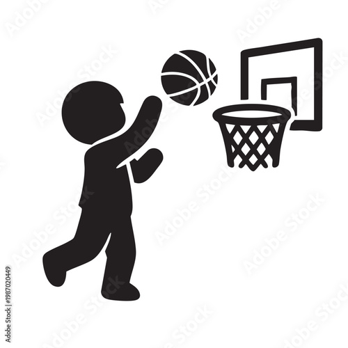 Little Boy Playing Basketball Dunking into Hoop Vector Silhouette
