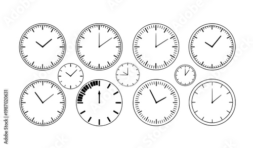 Clock Icon Set with Analog Time Variations Showing Different Hours in Minimal Outline Style for Schedule, Time Management, and UI Design