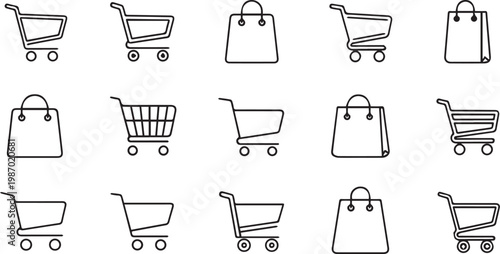 Shopping Cart and Bag Line Icon Set for Ecommerce