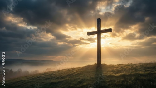 Wooden Easter cross on a hill at dramatic sunrise, spiritual Christian concept of crucifixion, resurrection, hope, and faith in cinematic light


