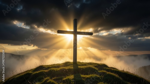 Wooden Easter cross on a hill at dramatic sunrise, spiritual Christian concept of crucifixion, resurrection, hope, and faith in cinematic light

