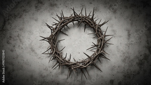 Crown of thorns on gray grunge background, solemn Good Friday concept with dramatic texture, spiritual symbolism and moody minimalist composition

