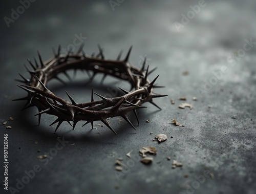Crown of thorns on gray grunge background, solemn Good Friday concept with dramatic texture, spiritual symbolism and moody minimalist composition

