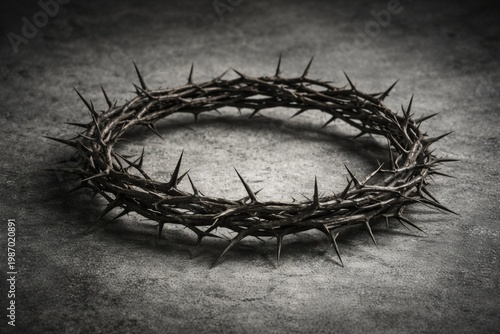 Crown of thorns on gray grunge background, solemn Good Friday concept with dramatic texture, spiritual symbolism and moody minimalist composition

