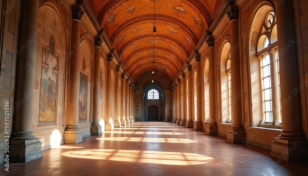 Obraz premium Grand arched hallway features ornate ceiling murals, tall columns lining both sides. Sunlight streams through arched windows creating dramatic shadows on tiled floor. Artwork adorns walls in majestic