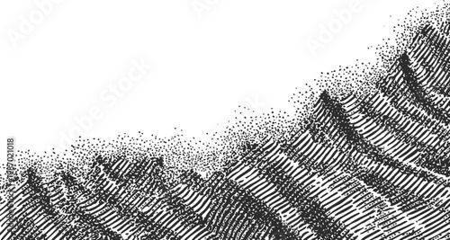 Detailed abstract mountain landscape drawing with textured lines and dots in black and white