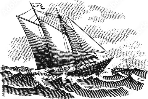 sailing ship on rough sea waves vintage nautical illustration with wind and flag on mast