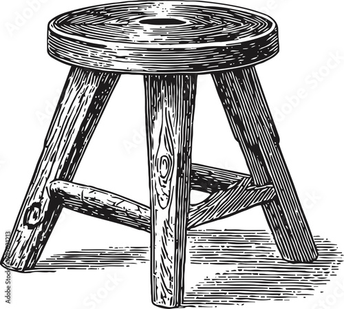Wooden stool with round seat and three legs rustic handcrafted furniture illustration