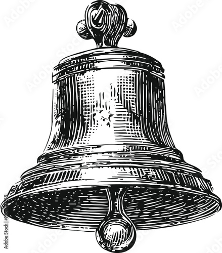 Vintage metal bell engraving antique hand drawn church bell with detailed texture and clapper