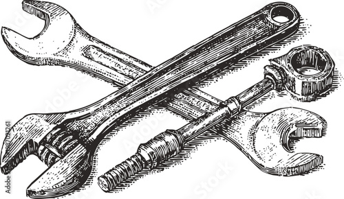 Set of hand tools including adjustable wrench, open end wrench, and ratchet wrench in vintage engraving