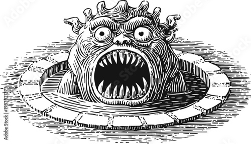 Monster emerging from a circular stone well with wide eyes and sharp teeth, vintage engraving