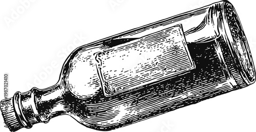Vintage empty glass bottle with label and stopper, hand drawn retro design illustration