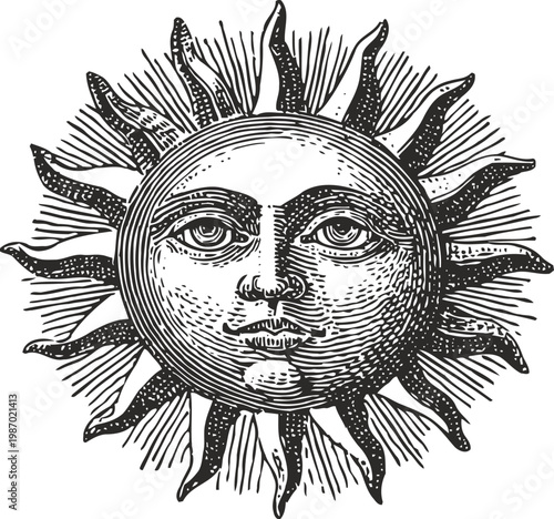 vintage sun illustration with human face and radiant sun rays, celestial emblem design