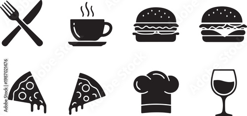 Restaurant and Food Icon Set in Flat Silhouette Style