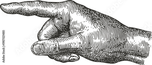 Detailed vintage hand illustration pointing with index finger, engraved black and white drawing