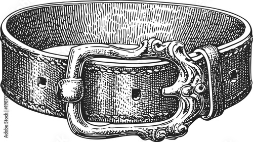 Vintage leather belt with ornate metal buckle, engraved detailed illustration