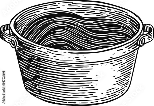 Vintage woodcut metal pot with handles engraving illustration