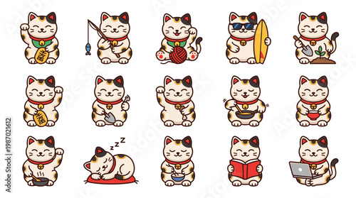 Cute Japanese lucky cat vector set featuring various fun modern activities like surfing fishing cooking reading and working isolated on white background for mascot design.