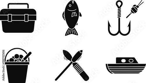Fishing gear and summer items isolated on transparent background black silhouette icons