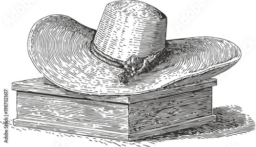 Vintage wide brimmed straw hat resting on a closed old book in black and white engraving