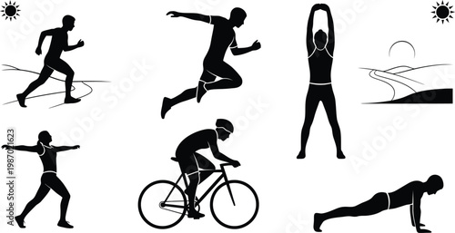 Silhouette collection runners cyclist and exercisers isolated on transparent background