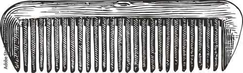 Vintage wooden comb with fine teeth hand drawn grooming tool illustration in black and white