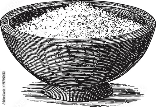 Hand drawn rice bowl illustration traditional asian food container with textured shading and detailed lines